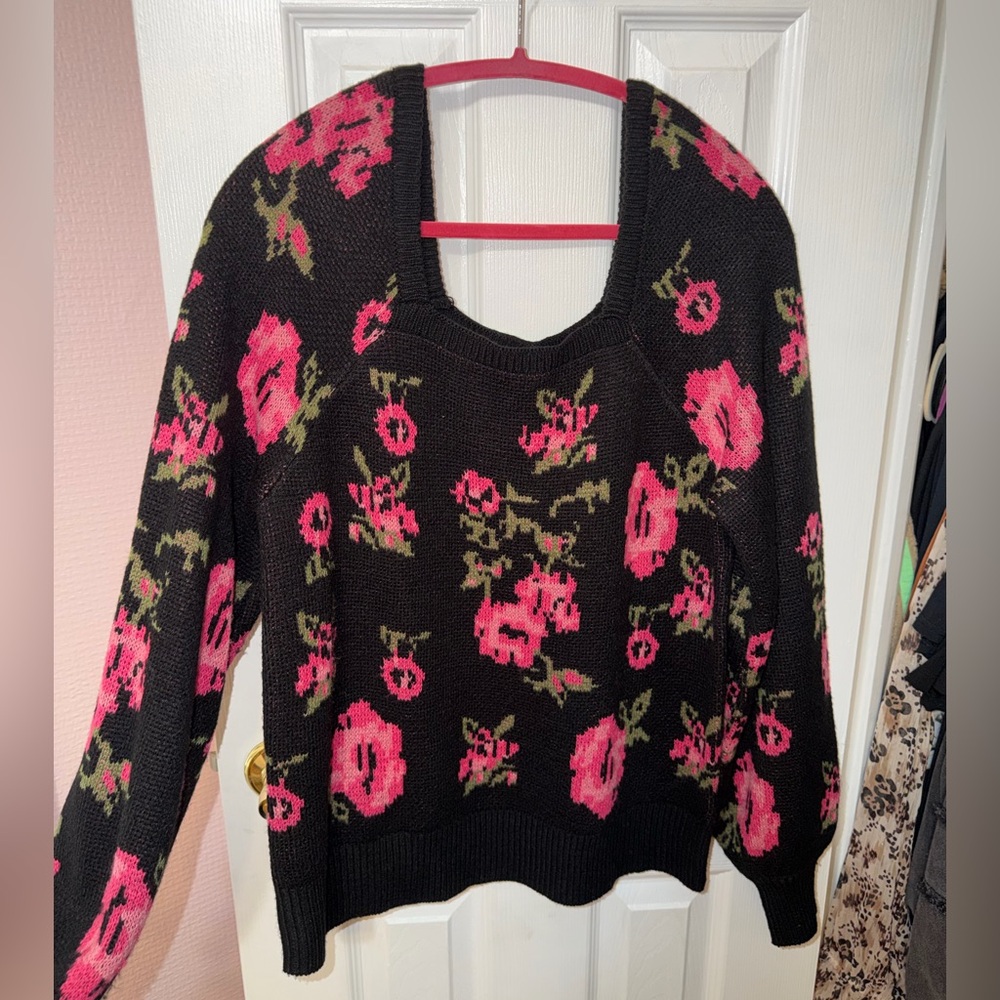 CATO black with pink roses sweater, large
